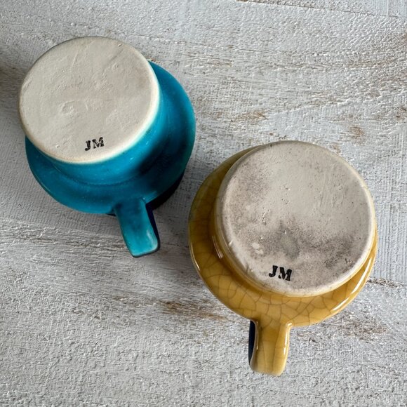 Set of Two Studio Pottery Mugs with Colourful Dip and Faux Worn Finish - Picture 8 of 11